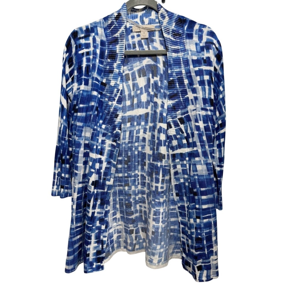 Laura Ashley Womens M Blue White Abstract Print Open Front Cardigan Sweater Knit